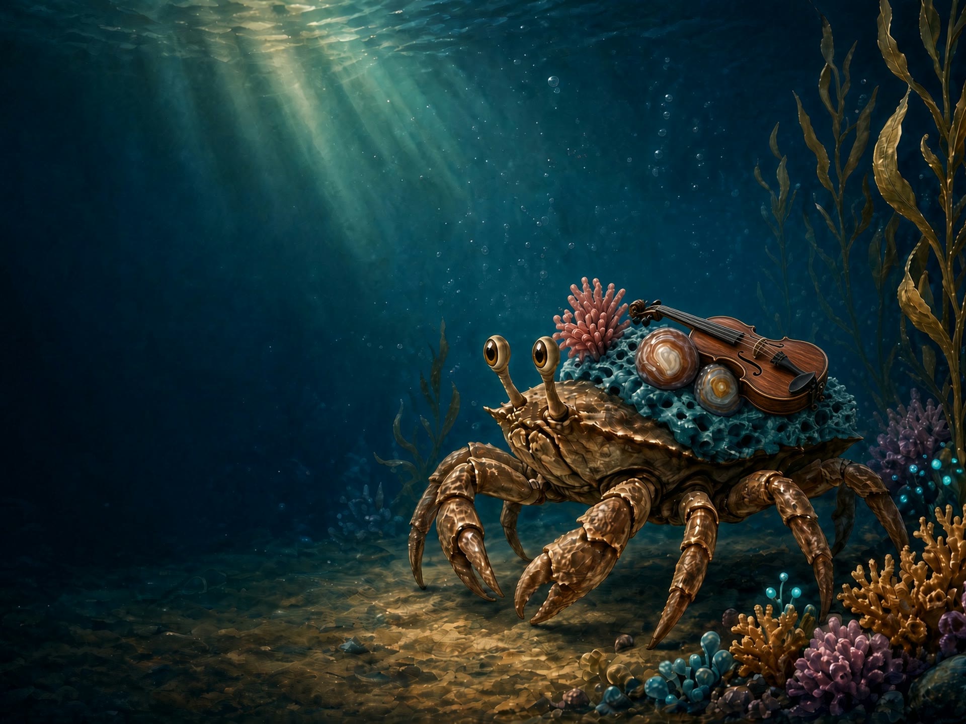 A decorator crab carries a violin, coral, and collected ocean treasures.
