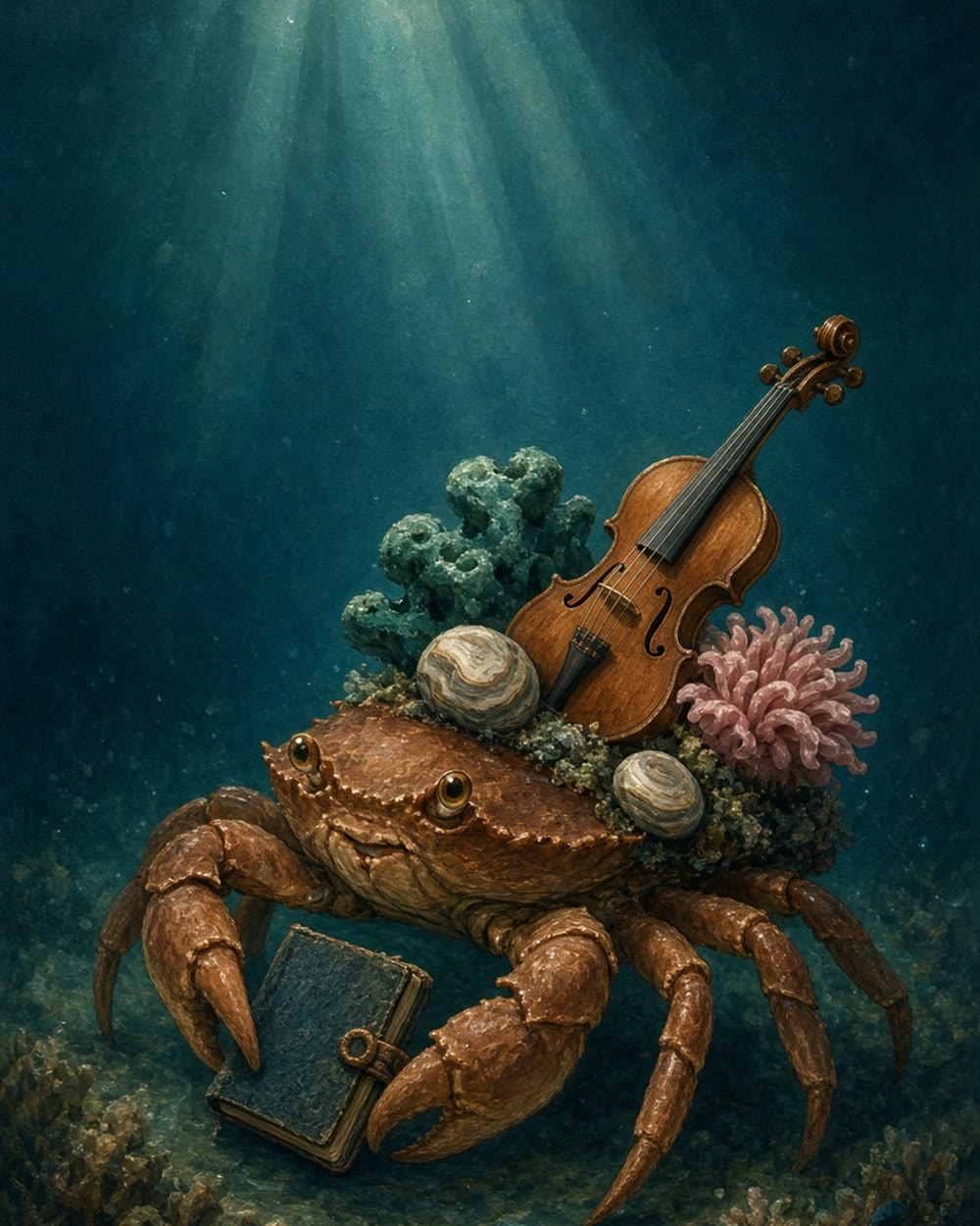 A decorator crab carrying a violin and field journal in a deep-sea world.